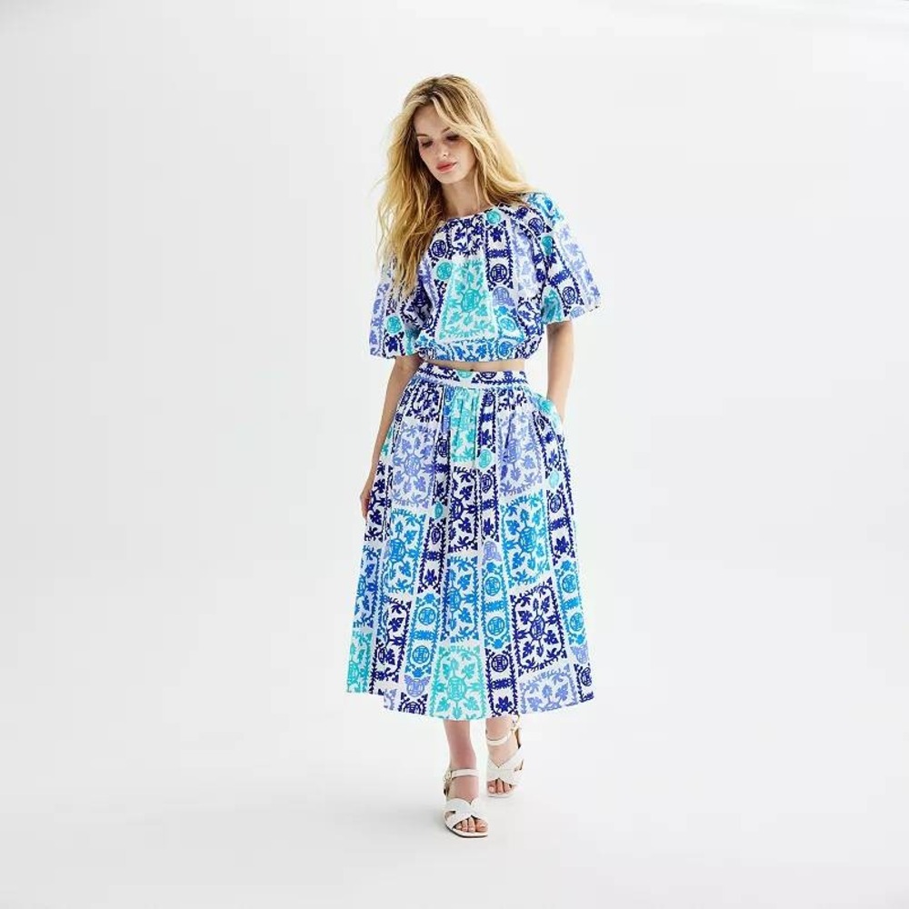 NWT Catherine Malandrino Boho Coastal L Blue Batik CropTop Midi Skirt Set Summer